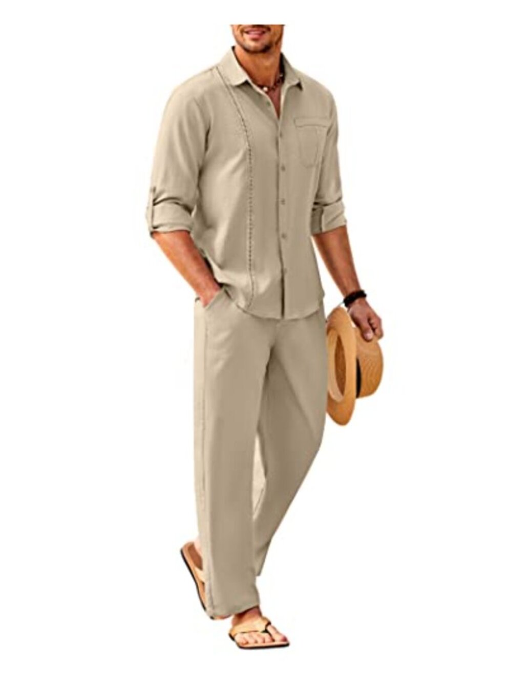 Mens 2 Piece Linen Outfit Long Sleeve Button Down Shirt & Pants Set Beach